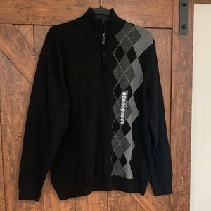 Oscar de la Renta Black and Gray Argyle Zip-Up Sweater